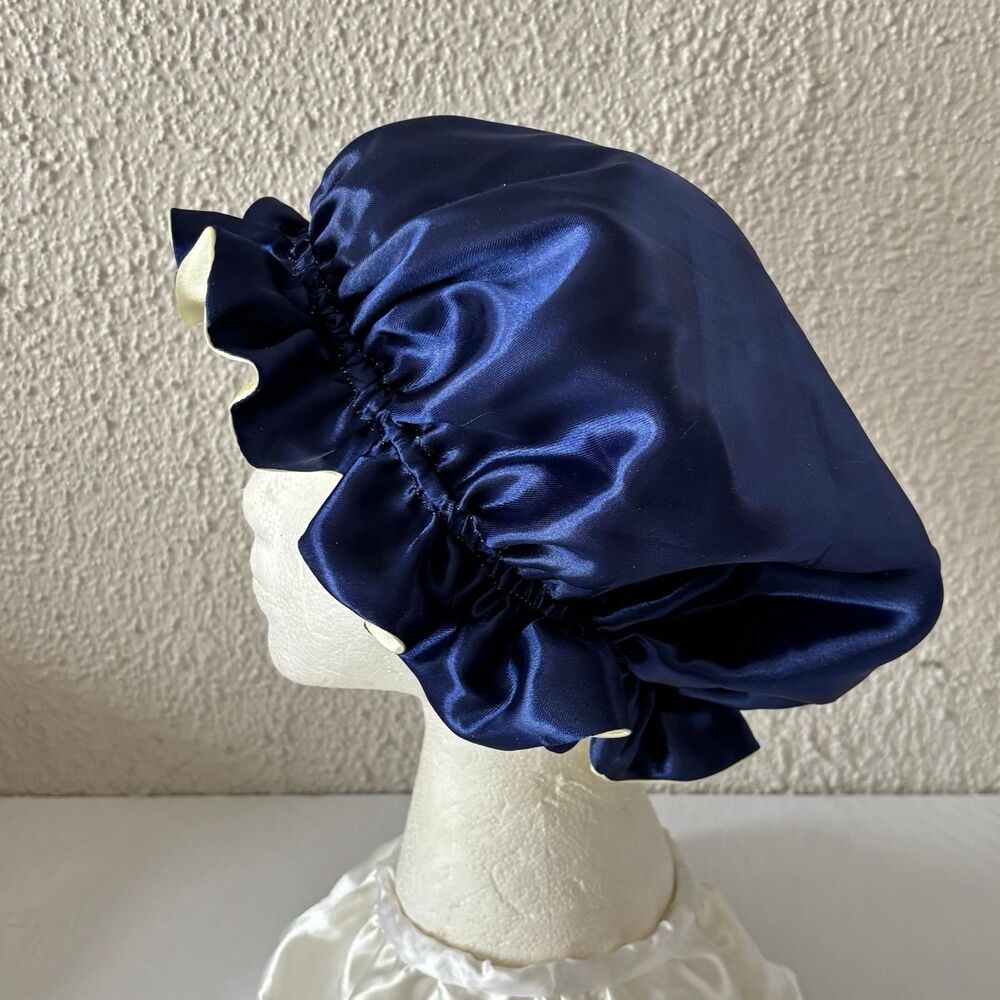 Reversible Satin Sleep Bonnet Hat – Navy & Yellow – Extra Large, Elastic Fit - Picture 14 of 16